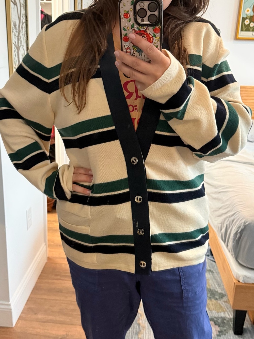 Vtg Salvatore Ferragamo Womens Sz L Cream Striped Wool Knit Cardigan As Is